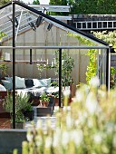 View into cosily furnished greenhouse with scatter cushions on corner sofa