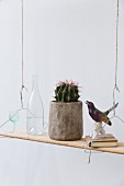 Potted cactus and ornaments on shelf suspended from wire coat hangers