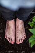 Frau steht mit nackten Füssen zwischen Pflanzen auf erdbedecktem Boden
