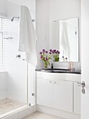 Modern washstand with black sink next to shower cubicle with window