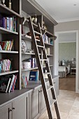 Grey-painted shelving units with library ladder in living room
