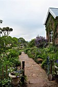 Schmaler Weg mit Natursteinbelag in blühendem Garten, seitlich teilweise sichtbares Wohnhaus