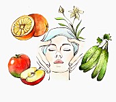 Woman receiving facial massage and fruit and vegetables used in natural cosmetics (illustration)