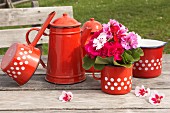 Rustic arrangement of red enamel coffee pots, red and white polka-dot milk jugs and saucepan, and posy of geraniums