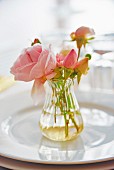 Posy of roses in glass vase on plate