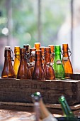 Old beer bottles in rustic wooden crate