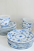 White and blue painted breakfast crockery (Royal Copenhagen Musselmalet china)