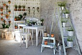 Plants in zinc pots on stepladder, gardening utensils, small tables and shelves of plants in vintage interior