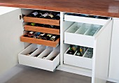 Open base units with wine rack and drawers of glasses