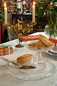 Candelabra and crystal glass on vintage-style autumn dining table