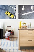 Photo artworks, traditional tiled floor and little girl playing in background in kitchen