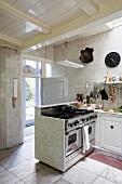 Counter and hunting trophies in open-plan kitchen