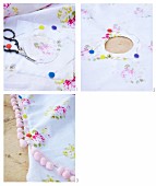 Sewing instructions for making a tablecloth with pink pompom trim