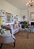 Elegant, antique-style upholstered furniture in traditional living room