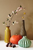 Herbstliches Stillleben mit Vasen, Blütenzweig, Hokkaidokürbis und Maronen