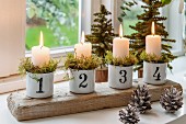Lit pillar candles in vintage cups stuffed with moss, numbered and lined up on rustic wooden board