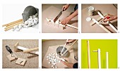 Instructions for making coat rack from broom handles, metal bucket and pebbles