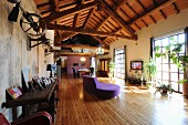 Loftwohnung mit Holzdachstuhl, violettem Sofa auf Lärchenholzboden