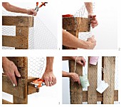 Instructions for making storage panel from wooden palette and chicken wire