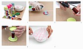 Instrutions for decorating bowls with washi tape and making stands from jar lids and thread reels