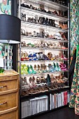 High-heeled shoes in many colours on shoe rack