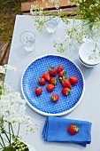 Blue bowl of fresh strawberries on garden table