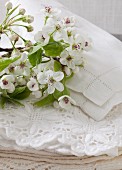 Branches of apple blossom on stacked doilies