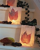 Tealights in paper bags decorated with Virginia creeper leaves on stairs