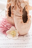 Ballet shoes, hellebore flower and pink feathers on sheet music