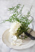 Posy of carnations, asparagus fern and crystal on china plate