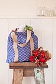 Shopping bag hand-made from red and blue checked linen