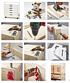 Instructions for decorating a chest of drawers to look like a packing crate
