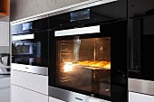A built-in, illuminated oven