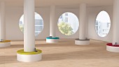 Moderner Arbeitsbereich, Säulen mit Sitzen, runde Fenster, 3D-Rendering