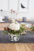 Autumnal arrangement of white pumpkin and wreath of leaves in pot decorating table