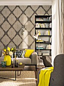 An elegant living room with ornamental non-woven wallpaper in shades of beige and mustard-coloured colour accents