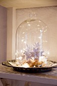 Paper stars and fairy lights under glass cover on vintage plate
