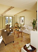 Terracotta floor in Mediterranean living room in natural shades