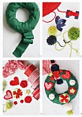 Christmas door wreath made from green ribbon, woollen pompoms, love-hearts and red ribbons
