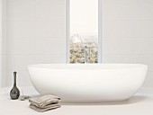 weiße, freistehende Badewanne vor Fensterschlitz mit Ausblick