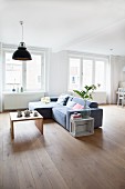Exotic-wood parquet floor in minimalist living room