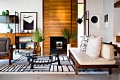 Black and white retro-style living room with wooden furniture