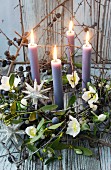 Advent wreath of mistletoe, sloes and hellebores