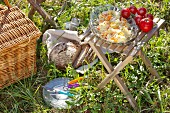 White cabbage and carrot salad in glass bowl on folding stool next to picnic basket on green grass