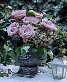 Pink roses with hydrangea (hydrangea), hedera (ivy)