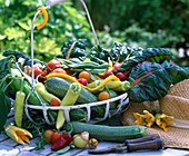 Iron basket with vegetables, peppers, zucchini, beans