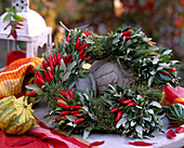 Capsicum (ornamental paprika) and leaves wreath