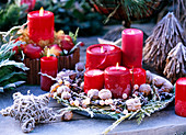 Blechtablett mit roten Kerzen, Juglans / Walnüsse, Salix / Weidenzweige, Chamaecypa