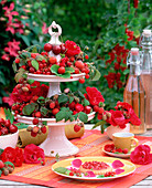 Porcelain etagere with Prunus cherries, Fragaria strawberries, Ribes