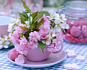 Pink cup with Prunus serrulata (ornamental cherry)